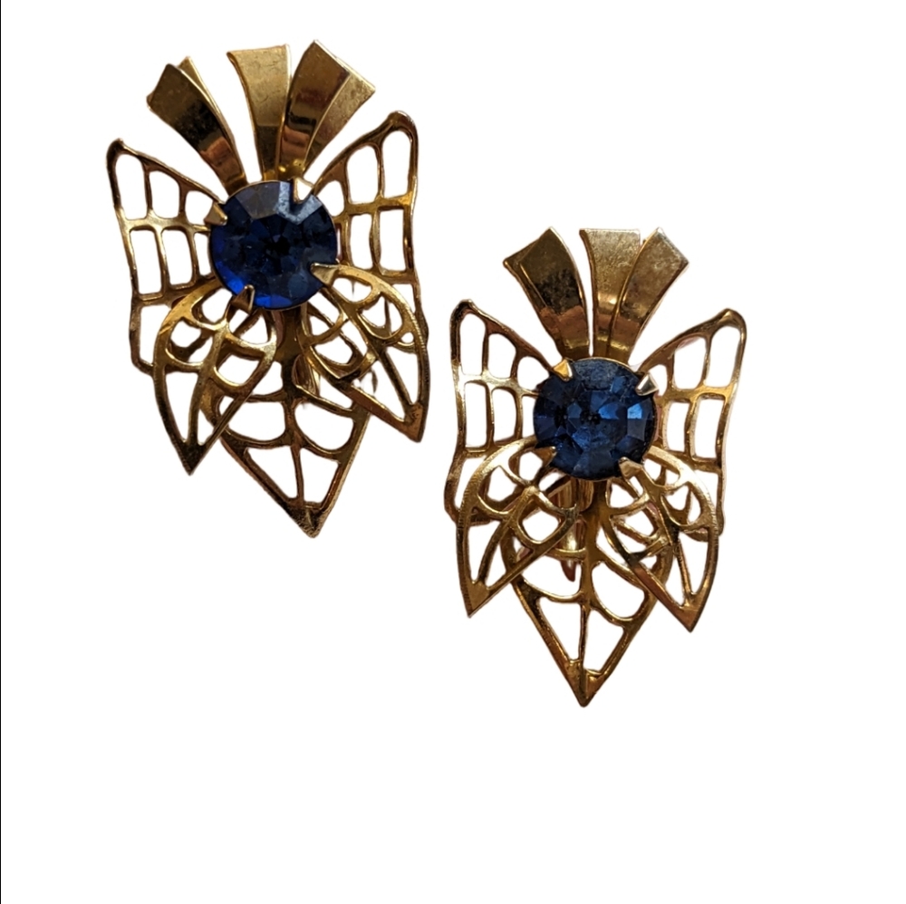 Vintage Prestige Gold-Tone Filigree Bow Earrings with‎ Sapphire Blue Rhinestones